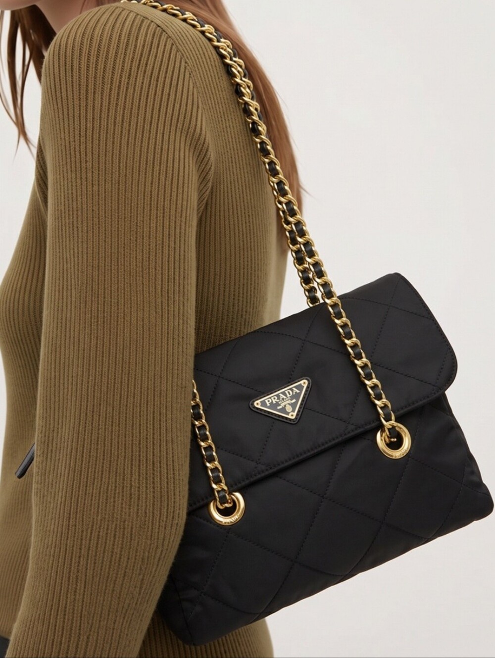GWP Prada Black Quilted Tessuto Nylon Chain Bag 9"x8",  New In Box